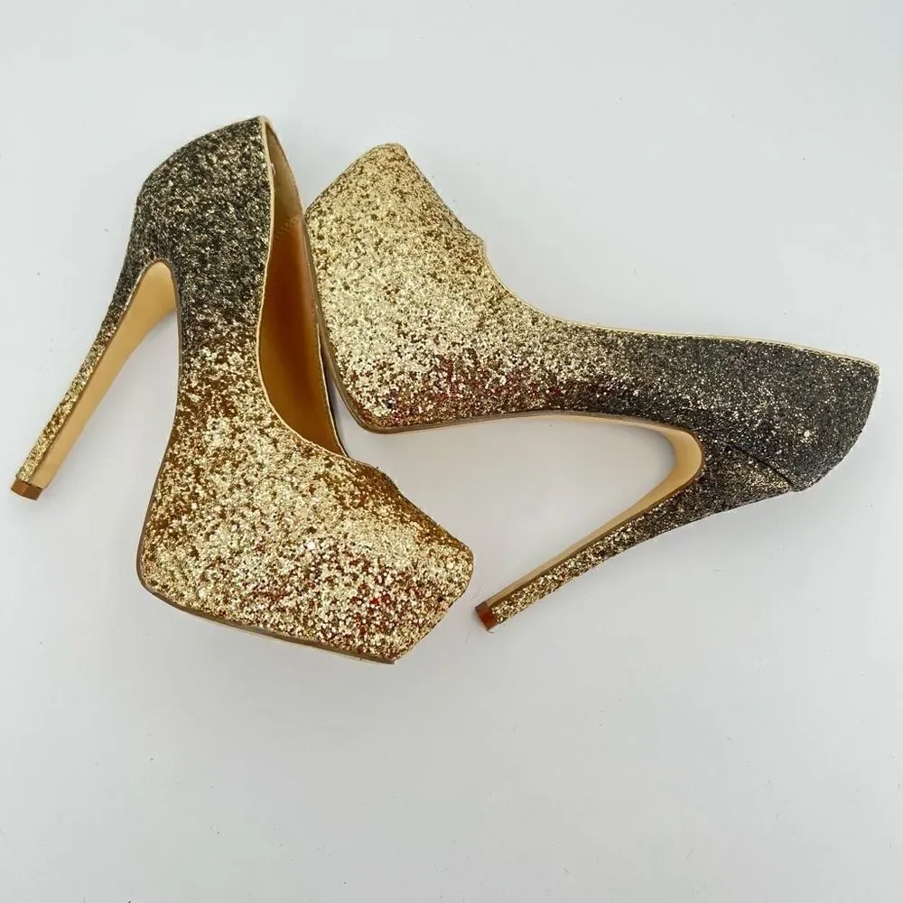 JUSTFAB Giuseppah Glitter Platform Pump GOLD Size 7.5 Sexy!